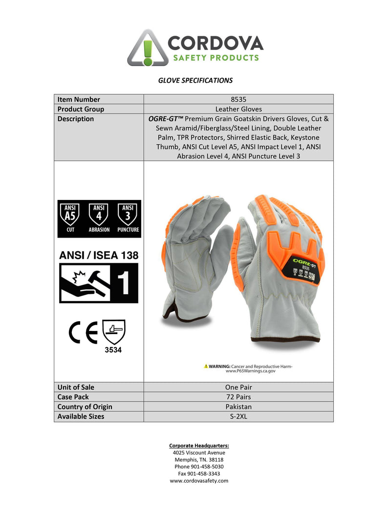 Cordova Safety Driver, Goatskin, OGRE® GT, Premium, Grain, Cut A5 Glove