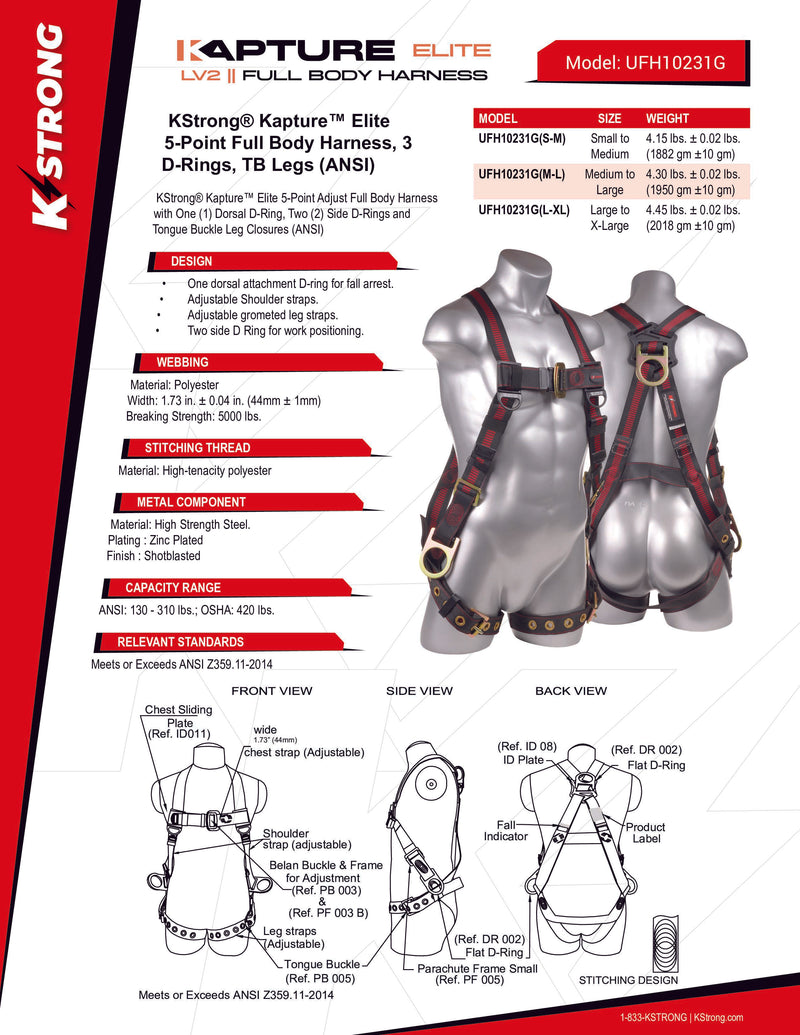 KStrong® Kapture™ Elite 5-Point Full Body Harness, 3 D-Rings, TB Legs (ANSI) - HardHatGear