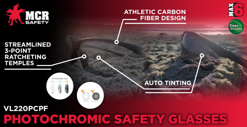 MCR Safety VL2 Photochromic Safety Glasses Transitional/Progressive MAX6® Anti-Fog Coating Matte Carbon Fiber Frame Color - HardHatGear